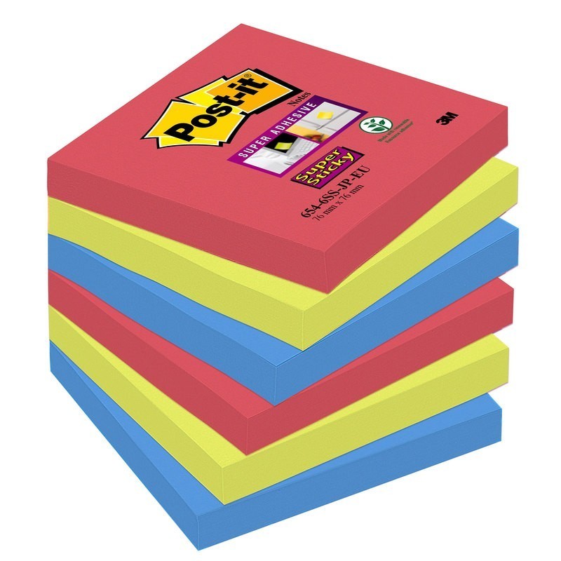 BLOC DE NOTAS ADHESIVAS POST-IT SUPER STICKY COLORES BORA BORA 76X76MM MONOCOLOR AMAPOLA