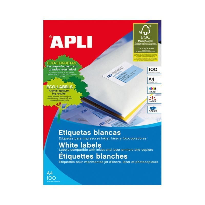 ETIQUETAS ADHESIVAS A4 CANTOS RECTOS 100 HOJAS APLI 1 SALIDA 210X148MM