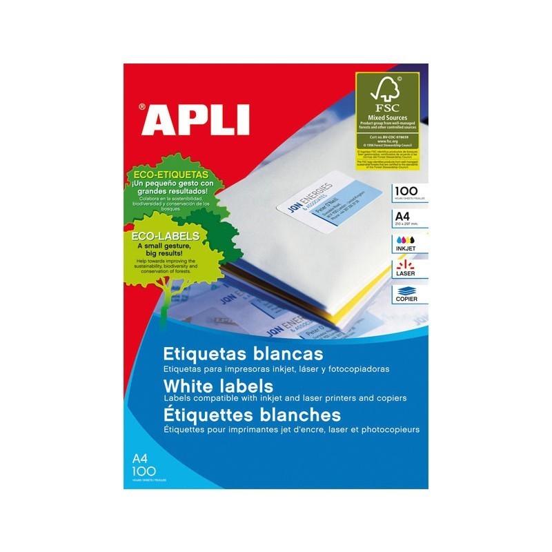 ETIQUETAS ADHESIVAS A4 CANTOS RECTOS 100 HOJAS APLI 2 SALIDAS 105X48MM