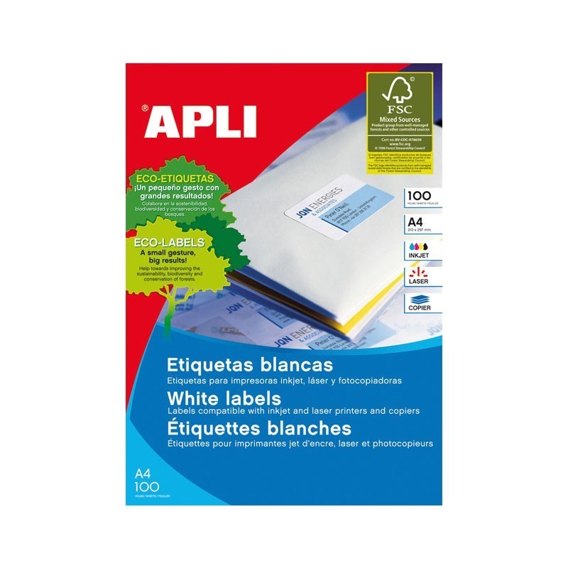 ETIQUETAS ADHESIVAS A4 CANTOS RECTOS 100 HOJAS APLI 70X33,8MM 3 SALIDAS