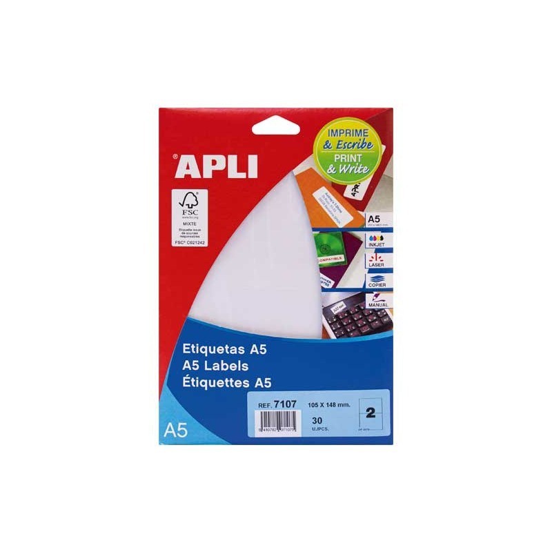 ETIQUETAS ADHESIVAS A5 15 HOJAS APLI 105X148MM CANTOS RECTOS