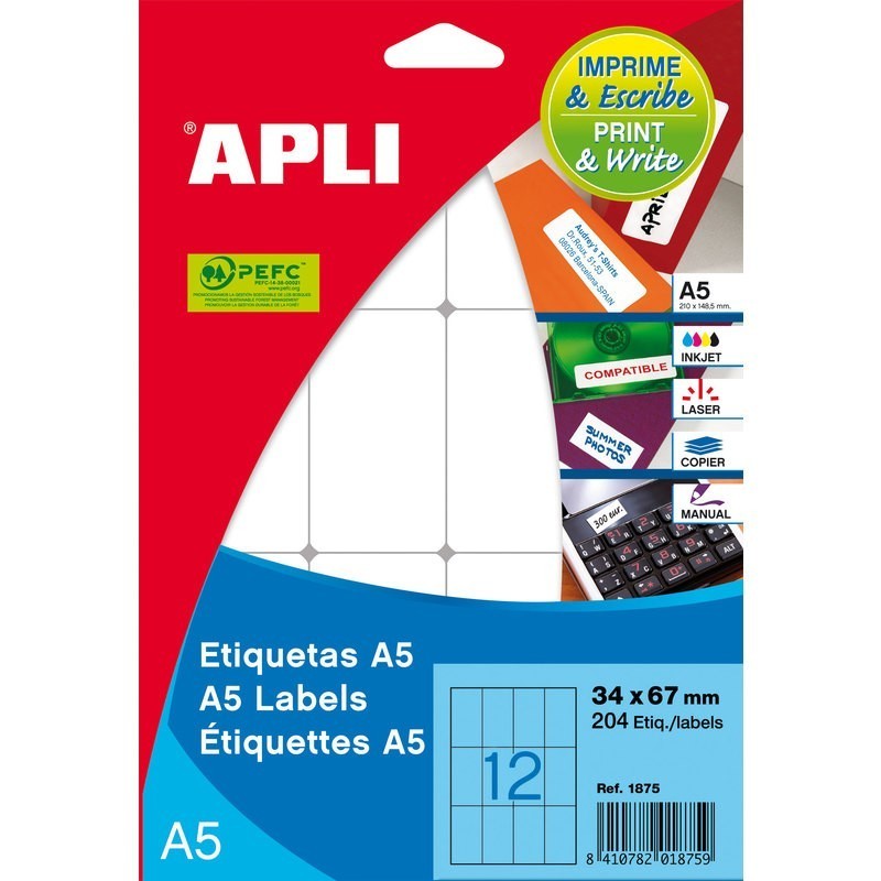 ETIQUETAS ADHESIVAS A5 15 HOJAS APLI 19X27MM 7 SALIDAS CANTOS ROMOS