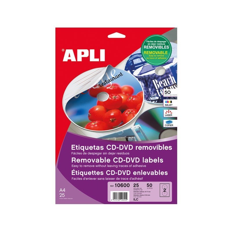 ETIQUETAS ADHESIVAS PARA CD-DVD REMOVIBLES APLI MEGA MEGA