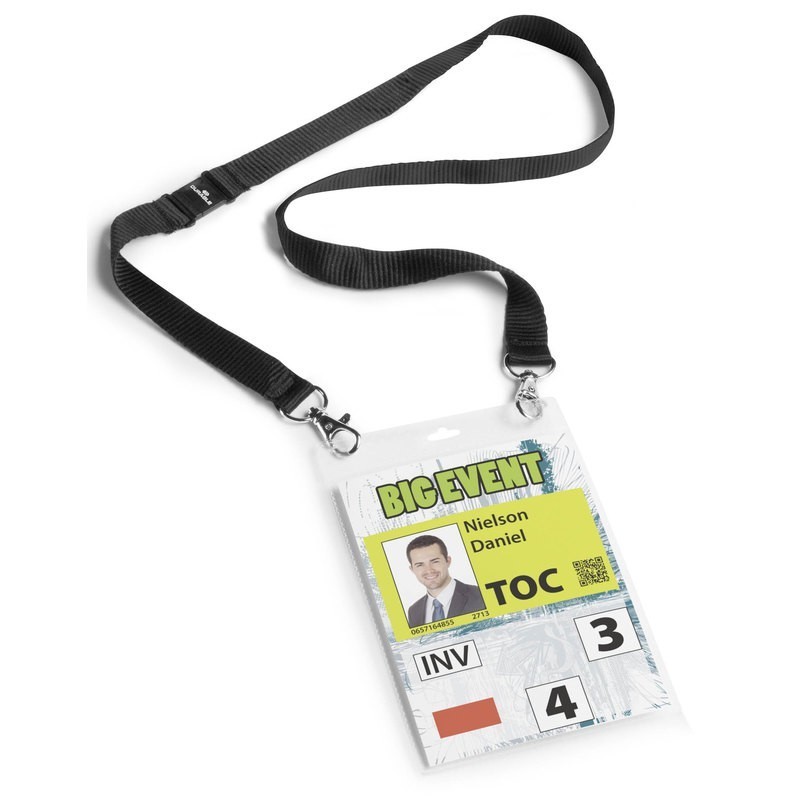 IDENTIFICADOR PORTANOMBRES PARA EVENTOS A6, CON CINTA TEXTIL DURABLE NEGRO